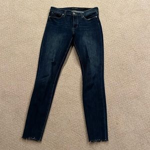 Banana republic, premium denim, mid rise, skinny dark blue, 27 long raw edge hem